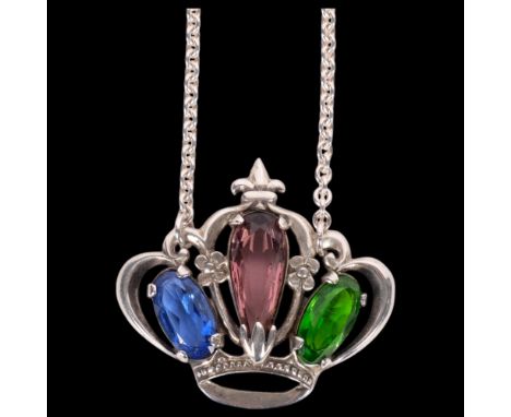 DANSK HOLLANOSK, COPENHAGEN - a sterling silver and coloured stone set crown design pendant necklace