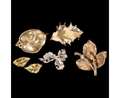 A group of Danish naturalistic sterling silver jewellery, makers include Flora Danica and Eggert, comprising 4 brooches and 1