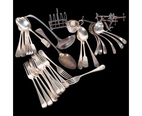 Various silver plate, including punch ladle, flatware, knife rests, etc