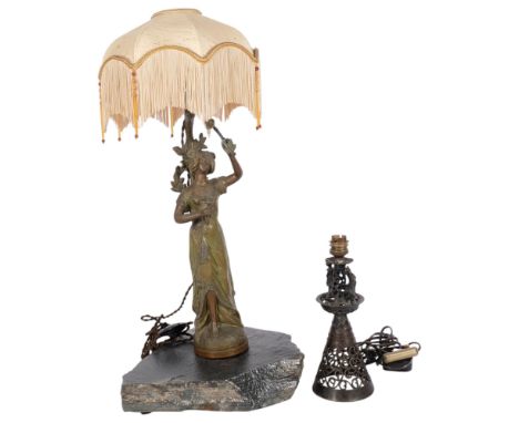 An Art Nouveau design patinated spelter figural table lamp and shade, on slate base, overall height 59cm, and an Oriental des