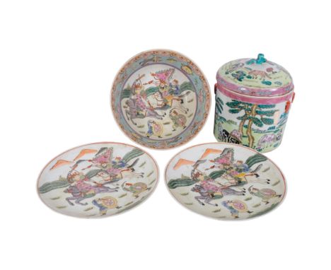 A large Chinese famille vert circular box and cover, with enamel decoration of horses by a river, H24cm, a Chinese famille ro