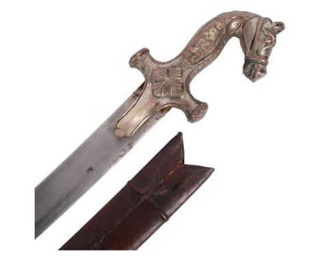 A Middle Eastern Tribesman's saber and leather scabbard, with a plated on brass horse-head handle, L87cm
