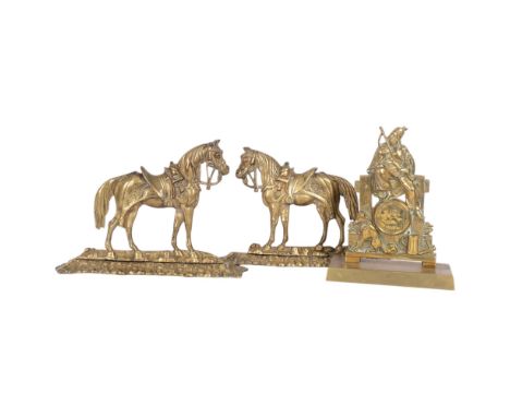 A pair of brass "Against The Wall" saddled horses on flat bases, and a brass musician sitting on a gate over a barrel, with d