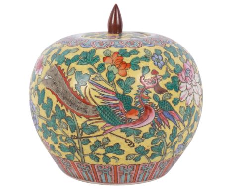 A large Chinese yellow ground ginger jar and cover, with enamel decoration, H23cm, with red character mark stampA chip to the
