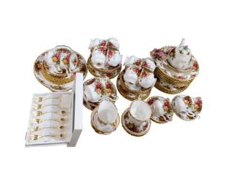 A large suite of Royal Albert Old Country Roses teaware, including 10 cups and saucers, coffee cups and saucers, soup bowls a