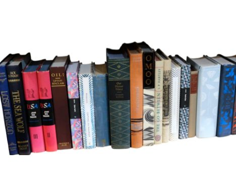 A shelf of folio and other books, including Jack London, LP Hartley, art books etc