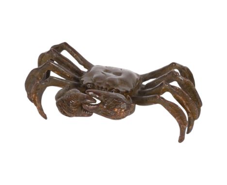 A Japanese patinated bronze crab, signed, leg span 12cm