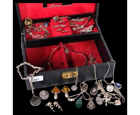 A quantity of silver jewellery, including tigers eye pendant, pair of spiral earrings, Scandinavian brooches, opal triplet pe