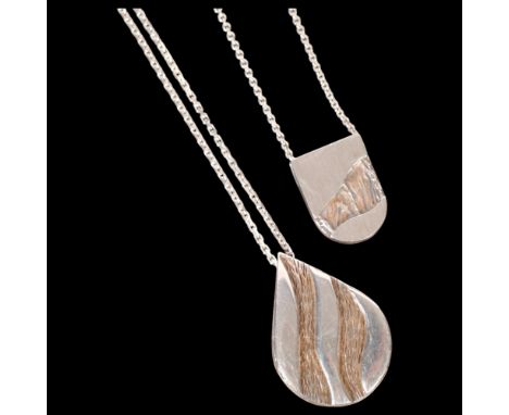 HERMANN SIERSBOL - 2 Danish brutalist sterling silver pendant necklaces, on sterling chains, largest pendant 31.8mm, 18.2g to