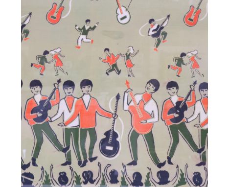 A large mid-century Beatles fabric panel showing musicians and dancers above a repeat of The Fab Four, 102cm x 82cm, framed
