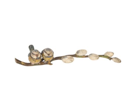 An Austrian Viennese cold painted bronze model 'Pair Of Blue Tits Perched On Pussy Willow Stem', in the manner of Franz Bergm