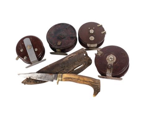 A group of 4 various Bakelite fishing reels, maker's to include ELO, an Alcock Aerialite, a horn-handled hunting knife