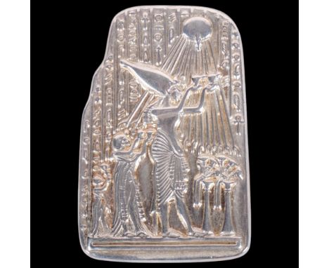 An Egyptian silver 'Pharaoh Akhenaten And Family Worshipping The Aten' brooch/pendant, 51.9mm, 17.4gNo damage or repair, only