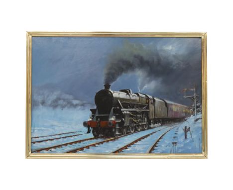 Graham Coton, oil on board, steam engine train driving through a snowy landscape, signed, 44cm x 63cm