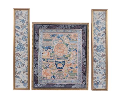 3 Antique Chinese embroidered silk panels, including a pictorial panel of flowers in a vase, all framed, largest 42cm x 35cm