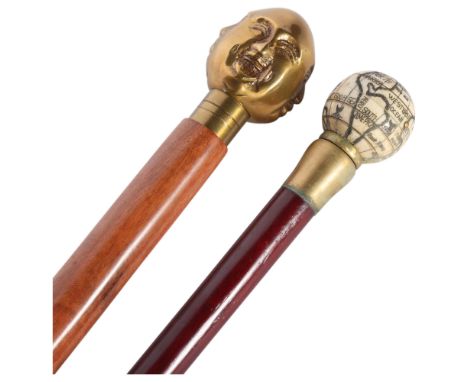 2 modern walking sticks, comprising bone globe with inset compass, and 4-faced Buddha examples, 93cm (2)