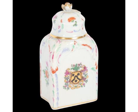 A Chinese export porcelain 'Armorial' tea caddy, painted and gilded decoration, 12cm