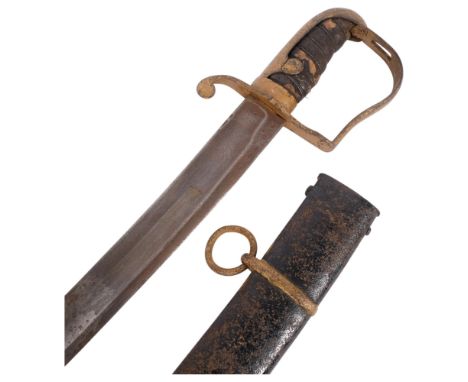 An early 19th century European Cavalry sword and metal scabbard, with a gilded handle and guard, and leather-covered handle, 