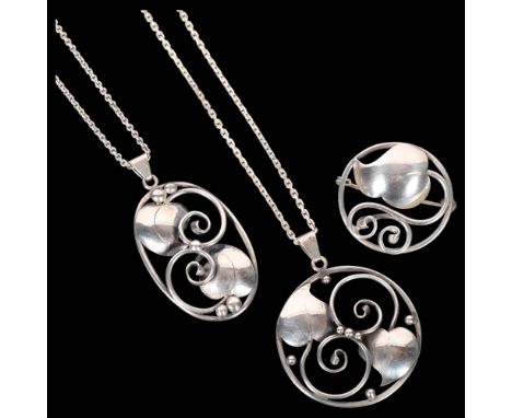 A group of Danish modernist silver floral openwork jewellery, makers include Brumberg Hansen, comprising 2 pendants and 1 bro