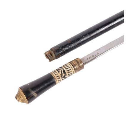An Anglo-Indian ebonised swordstick, with carved bone handle and gilt-metal mounts, 90.5cm, blade length 58cm