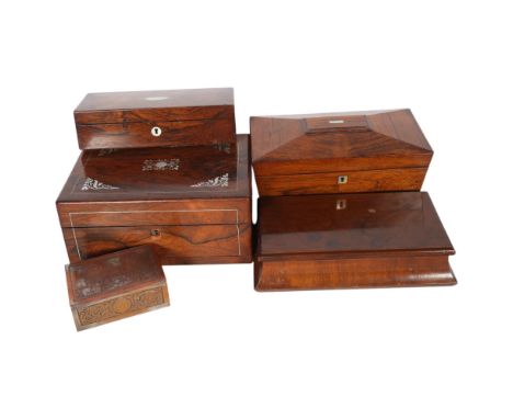 5 Antique boxes, including 19th century mother-of-pearl inlaid rosewood sewing box, rosewood sarcophagus tea caddy, French co