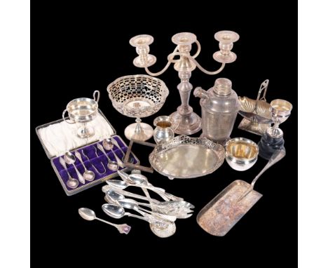 Various silver plate, including table candlestick, Art Deco cocktail shaker, crumb tray, silver frame front, etc