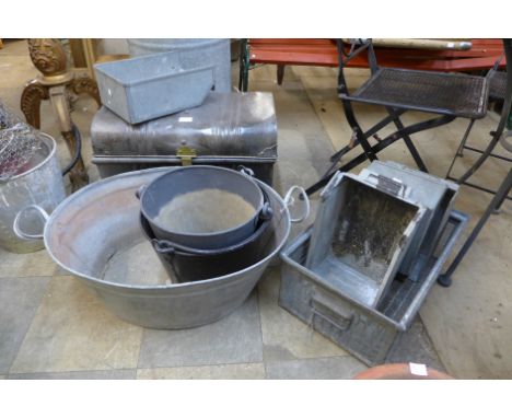 A quantity of galvanised wares and metal trunk 