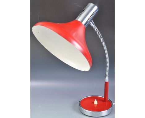 A large vintage 1960s European made red and chrome gooseneck adjustable desk / table lamp / light. Red, with a red and chrome