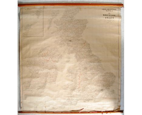 An original retro vintage 20th Century 1950's (1959) Edward Stanford Ltd large sized canvas wall hanging map of Great Britain