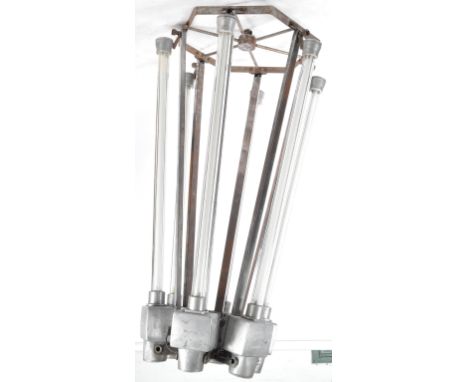 A large and impressive 1950's industrial retro vintage bespoke likely one off ceiling light chandelier&nbsp; comprising of a 
