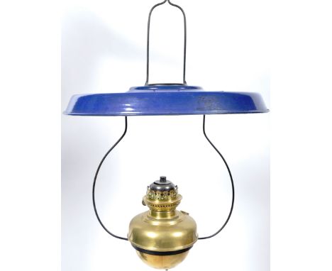 Veritas Works - A late 19th / Early 20th Century high Victorian hanging oil lamp light burner of bulbus brass construction ha