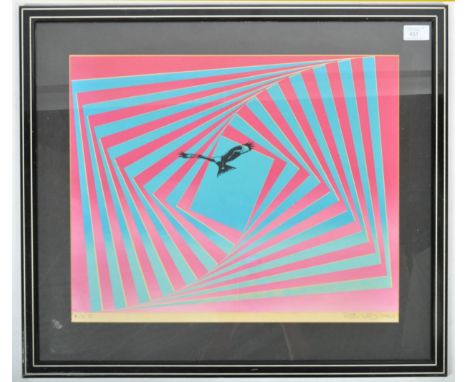 Robin Lord - Kite A retro vintage 1980's Psychedelic art print comprising a central black silhouette eagle soaring amog twist