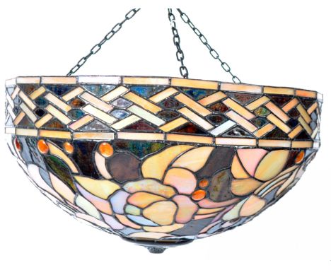 A vintage 20th Century Tiffany style leaded glass hanging ceiling light shade of large bowl form with a series coloured glass