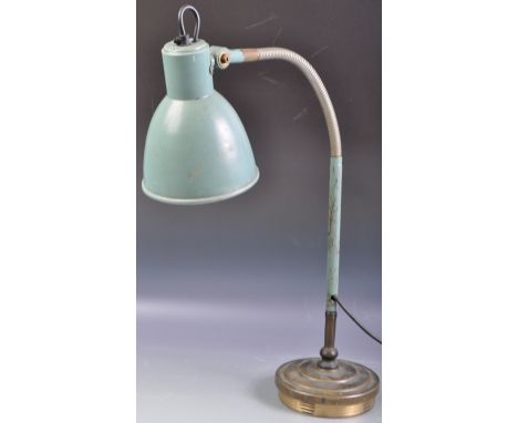An original retro vintage large 1940s industrial desktop / work top adjustable gooseneck lamp. Enamel blue shade, with a part