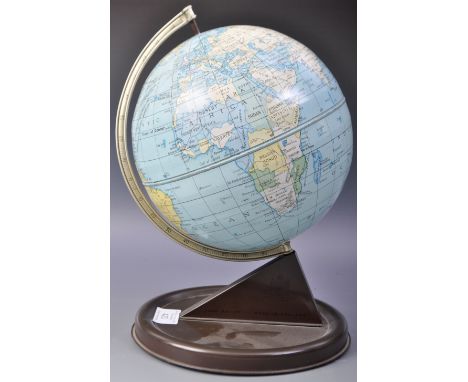 Chad Valley - A retro vintage mid 20th Century English revolving tinplate desktop&nbsp;terrestrial globe. Raised on circular 