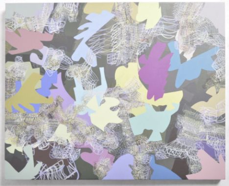 Laurie Plant (1974 - to present) - A contemporary mixed media oil on canvas abstract painting depicting layered randomised sh