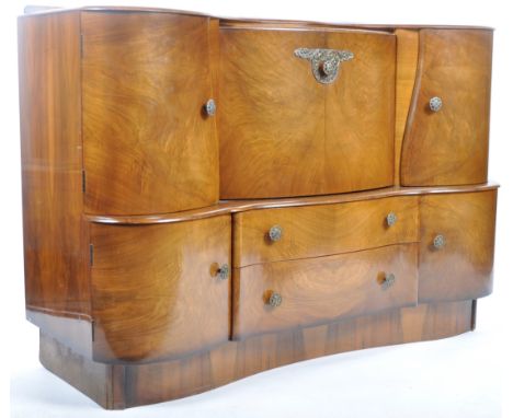 Beautility - A retro vintage 20th Century English Design Art Deco walnut sideboard credenza of serpentine form having a centr