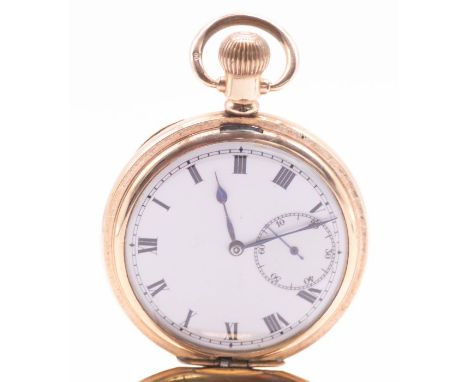 Rolex- a gold plated early 20th century half hunter pocket watch, comprising a white enamel dial, Roman numeral hour markers,