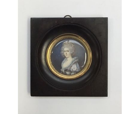 19th century School Portrait miniature of a young lady, powdered hair, pearl headdress, blue dress with pearl details to slee