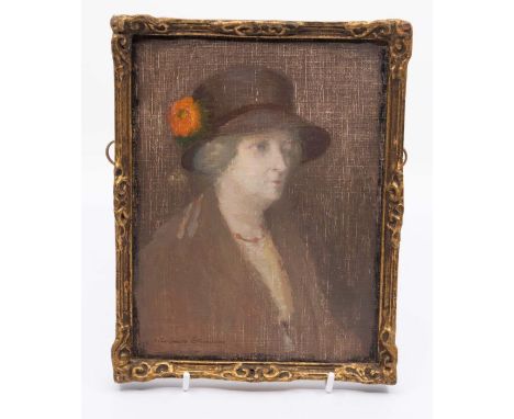 Stansmore Stevenson (Scottish 1866 - 1944)Portrait of Mrs E G Fisheroil on board, 17 x 13cm signed lower left, titled verso 