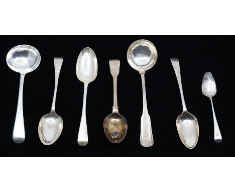 A collection of 18th & 19th Century silver spoons to include; silver ladle, London, 1828, William M Traies, a further Georgia