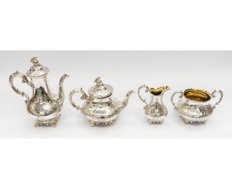 Militaria Interest: An early Victorian four piece silver tea and coffee service including teapot, coffee pot, sugar bow and m