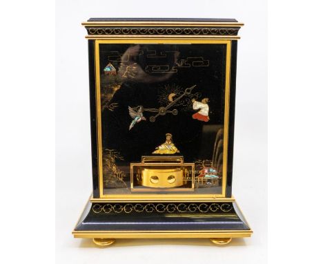 A Jaeger-LeCoultre "Marina" Atmos, the perspex case decorated in the Japanned manner with pagoda, figures and birds, gilt hei