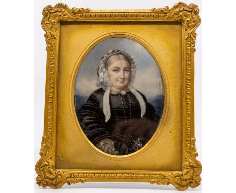 Cornelius Durham (fl.1825-1865)Portrait miniature of Mrs Bathgate, seated wearing black dress, cameo at neck and white ruffle