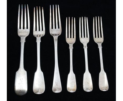 A collection of fiddle pattern silver forks to include; a trio of London, 1830, William Chawner II, a larger fiddle pattern f