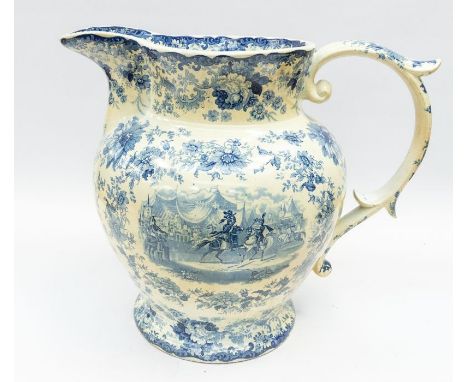 A large early 19th century Spode blue and white water jug decorated with heavy foliage and butterfly detail and medieval jous