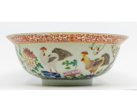 A Chinese Famille rose export&nbsp;Cockerels&nbsp;Klapmuts Bowl, probably Jiaqing (1796-1820), externally painted with three 