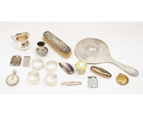 A collection of silver items to include; a silver backed hand mirror with engraved design, hallmarked Birmingham by Henry Wil