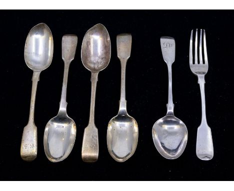 A collection of silver flatware to include; five Victorian silver dessert spoons, all London and in fiddle pattern, various d