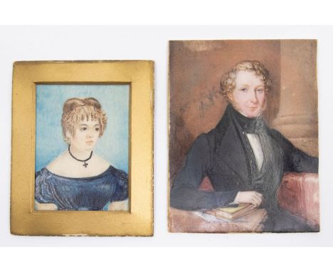 English School (19th Century) Portrait miniature of a Gentleman, black cravat, hand resting on a book11 x 9.5cm together with